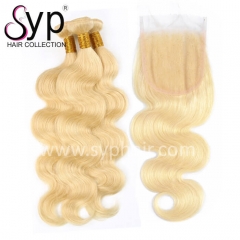 Brazilian Honey Blonde Body Wave Hair Bundles With Closure 4x4 Transparent Lace