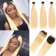 Brazilian Ombre Hair Bundle Extensions With Closure 613 Blonde Black Roots