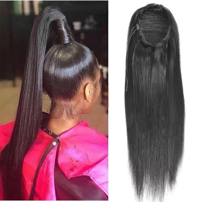 Straight Drawstring Ponytail Human Hair Extension For Women