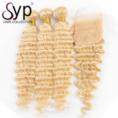 613 Platinum Blonde Deep Curly Hair Weave Bundles With Lace Closure 4x4