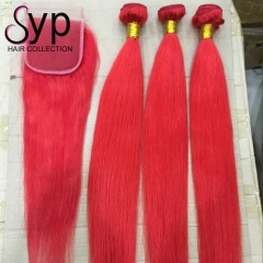 Red Human Hair Bundles With Closure Straight Weave Sew In Shops