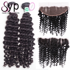 Brazilian Deep Wave Bundle Deals With Frontal Closure Hair Piece