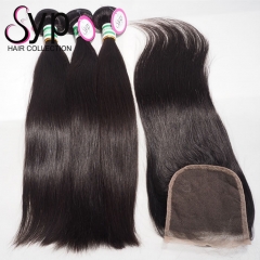 3 4 Bundles With Closure Virgin Brazilian Straight Hair Weave