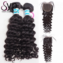 Malaysian Deep Wave Hair With Closure Wavy Curly Bundles For Women