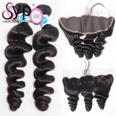 Loose Wavy Hair Lace Frontal and Bundle Deal Good Malaysian Weave