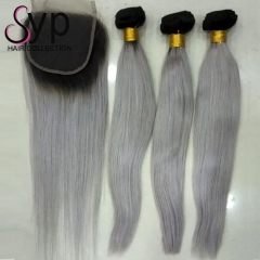 Black Roots 1B Grey Human Hair Extensions With Closure Straight