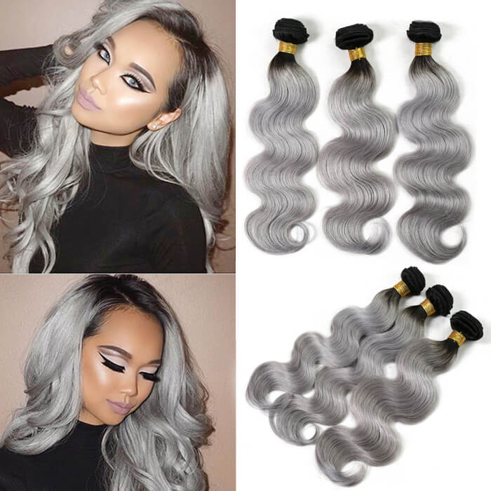 Silver Grey Ombre Hair Extensions Body Wave With Black Roots