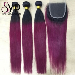 Black Roots Burgundy Hair Bundles 1B/99J Bundles With Closure