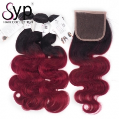 1B Burgundy Human Hair Bundles With Closure Brazilian Body Wave