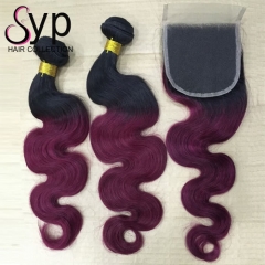 1B/99J Body Wave With 1B/99J Closure Burgundy Hair With Dark Roots