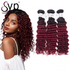 Dark Roots Burgundy Ombre Hair Bundles 1B Burgundy Deep Wave Curly