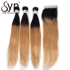 Dark Blonde Ombre Weave With Closure 1B/27 Brazilian Straight Hair