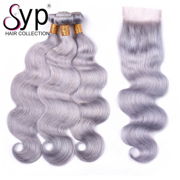 Grey Weave Bundles With Closure Wet And Wavy Colored Hair