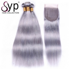 Colored Brazilian Human Hair Weave Grey Hair Bundles With Closure