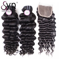 Virgin Indian Deep Wave Bundles With Closure 100 Remy Human Hair