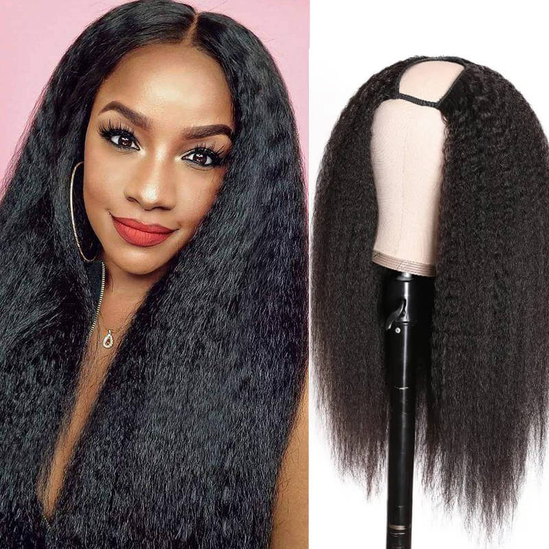 100 Human Hair Top U Part Wig Kinky Straight Real Hair Costume Wigs