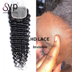 HD Lace Top Closure 4x4 Brazilian Deep Wave Human Hair Transparent Closures Bleached Knots