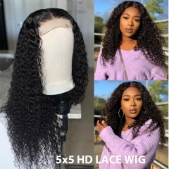 Deep Part HD Transparent Lace Closure Wig 5x5 Premium Curly Black Human Hair Wigs Melt All Skin