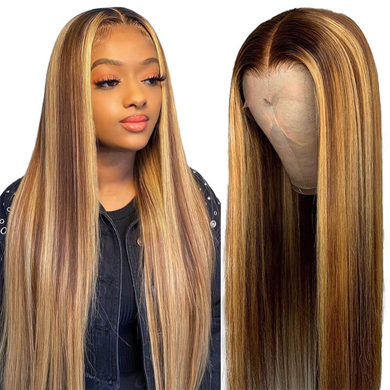 Highlight Wigs 13x4 Brown Color P4 27 Ombre Straight Human Hair Lace Frontal Wig For Sale