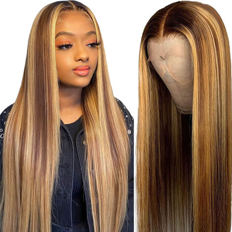 Highlight Wigs 13x4 Brown Color P4 27 Ombre Straight Human Hair Lace Frontal Wig For Sale