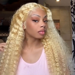 613 Honey Blonde Human Hair Wigs 4x4 Transparent Lace Closure Wig Deep Curly